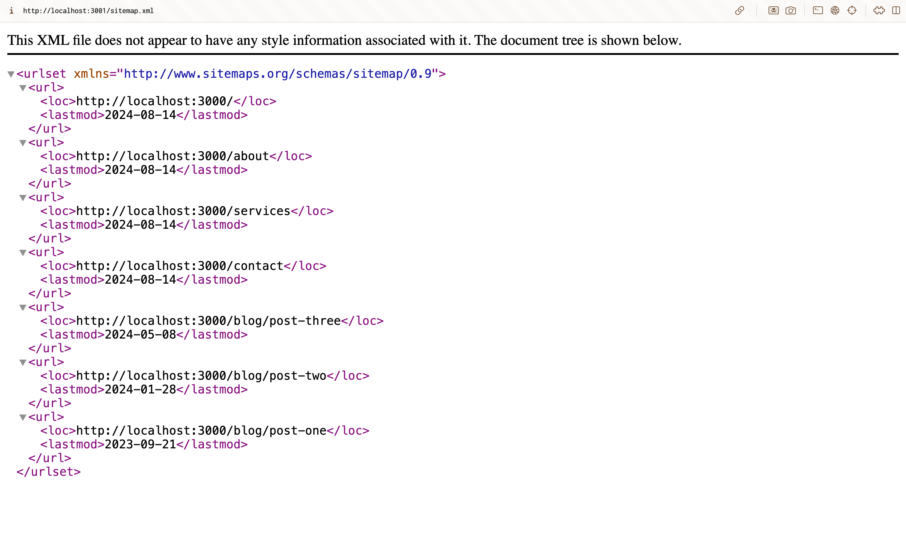 A sreenshot of a generated sitemap with dynamic content