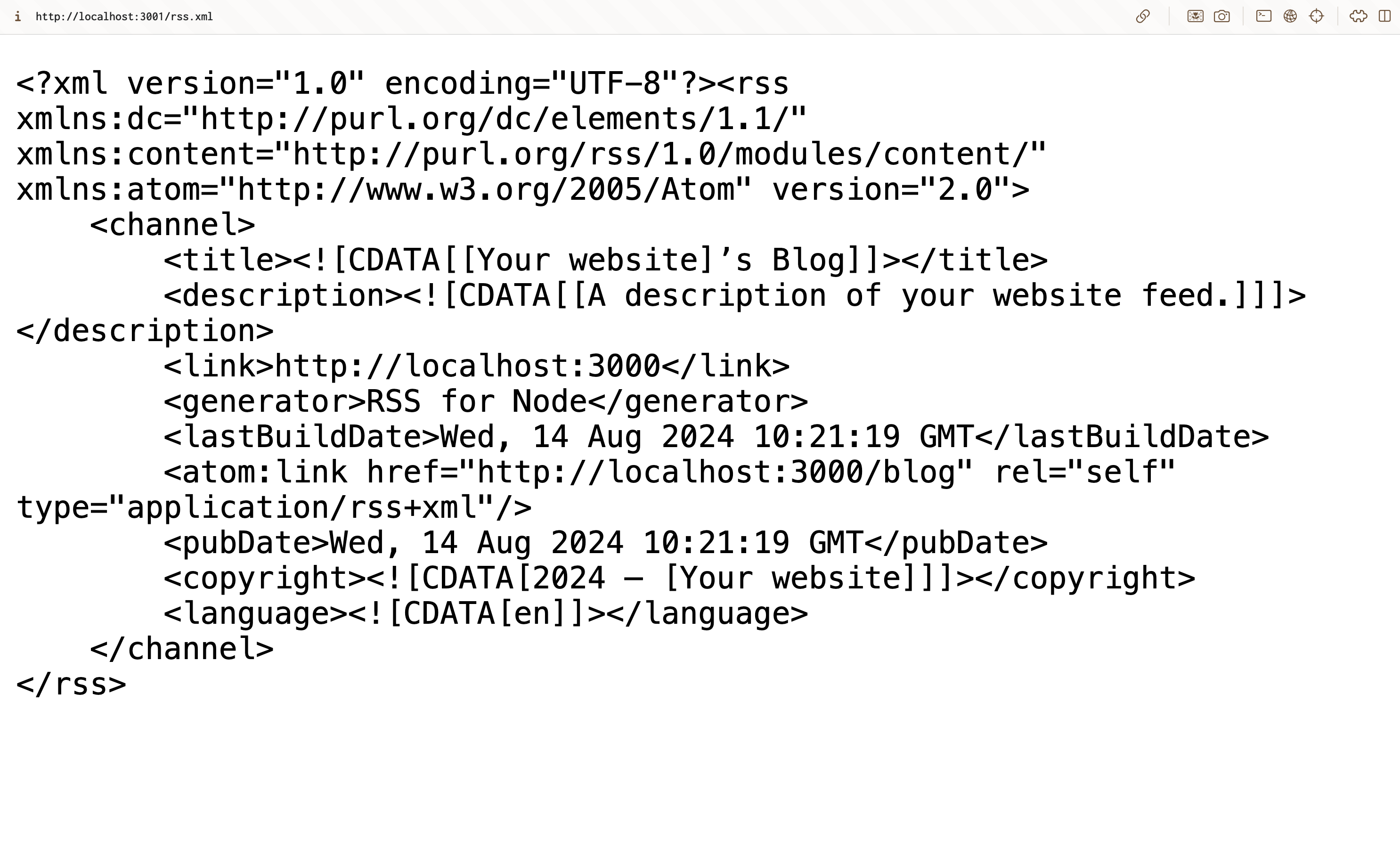 Screenshot of the /rss.xml path rendering website content